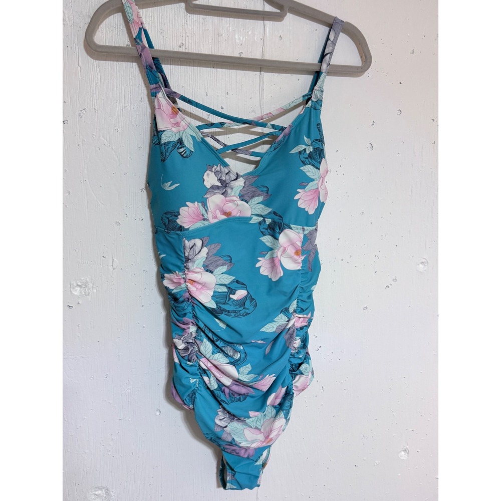 Torrid One Piece Swimsuit Womens 2 Teal Floral Strappy Ruched Tummy Control Boho